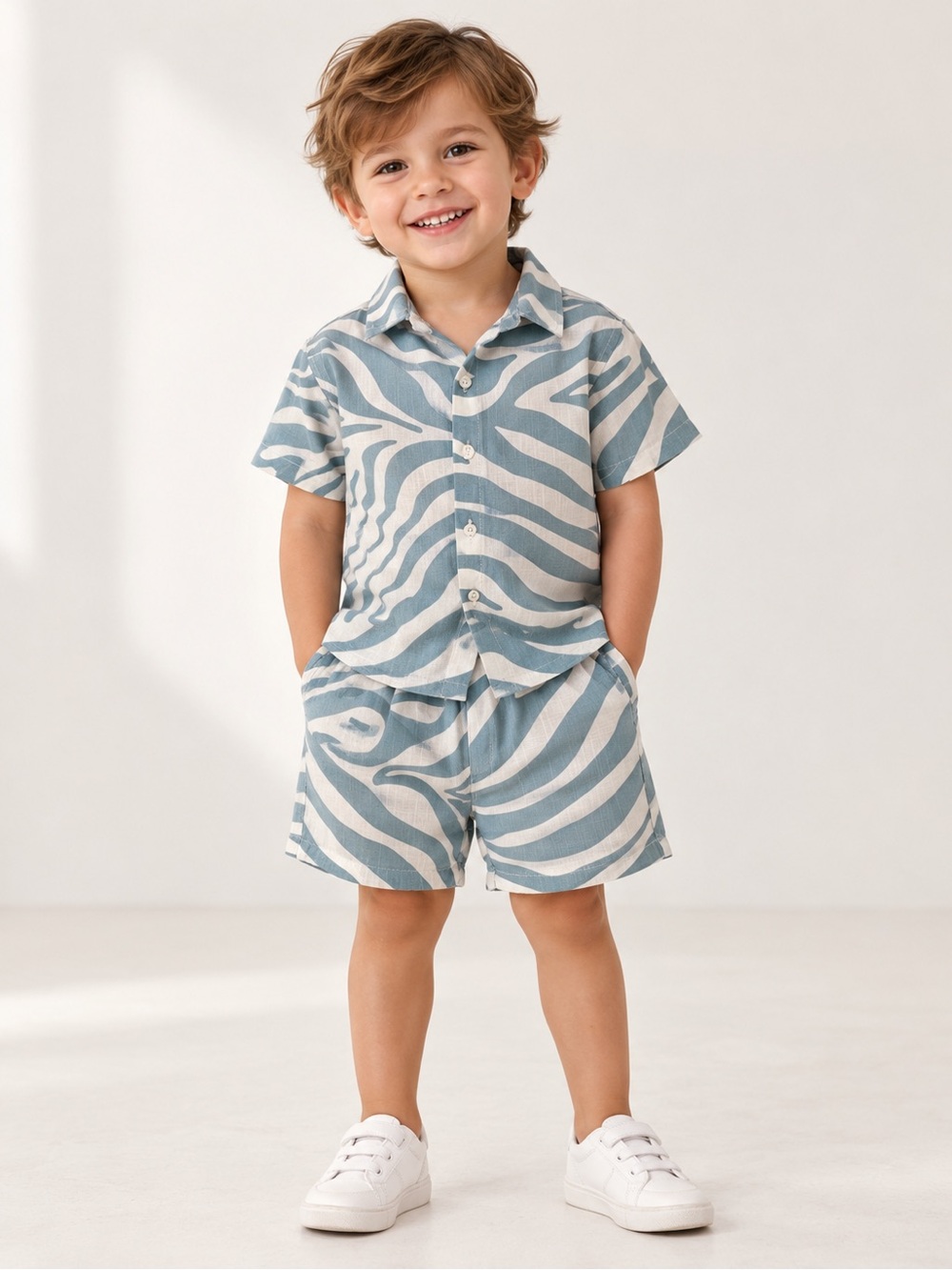 Zara Kids 3Y Blue & White Abstract Zebra Print Shirt & Shorts 2-Piece Set